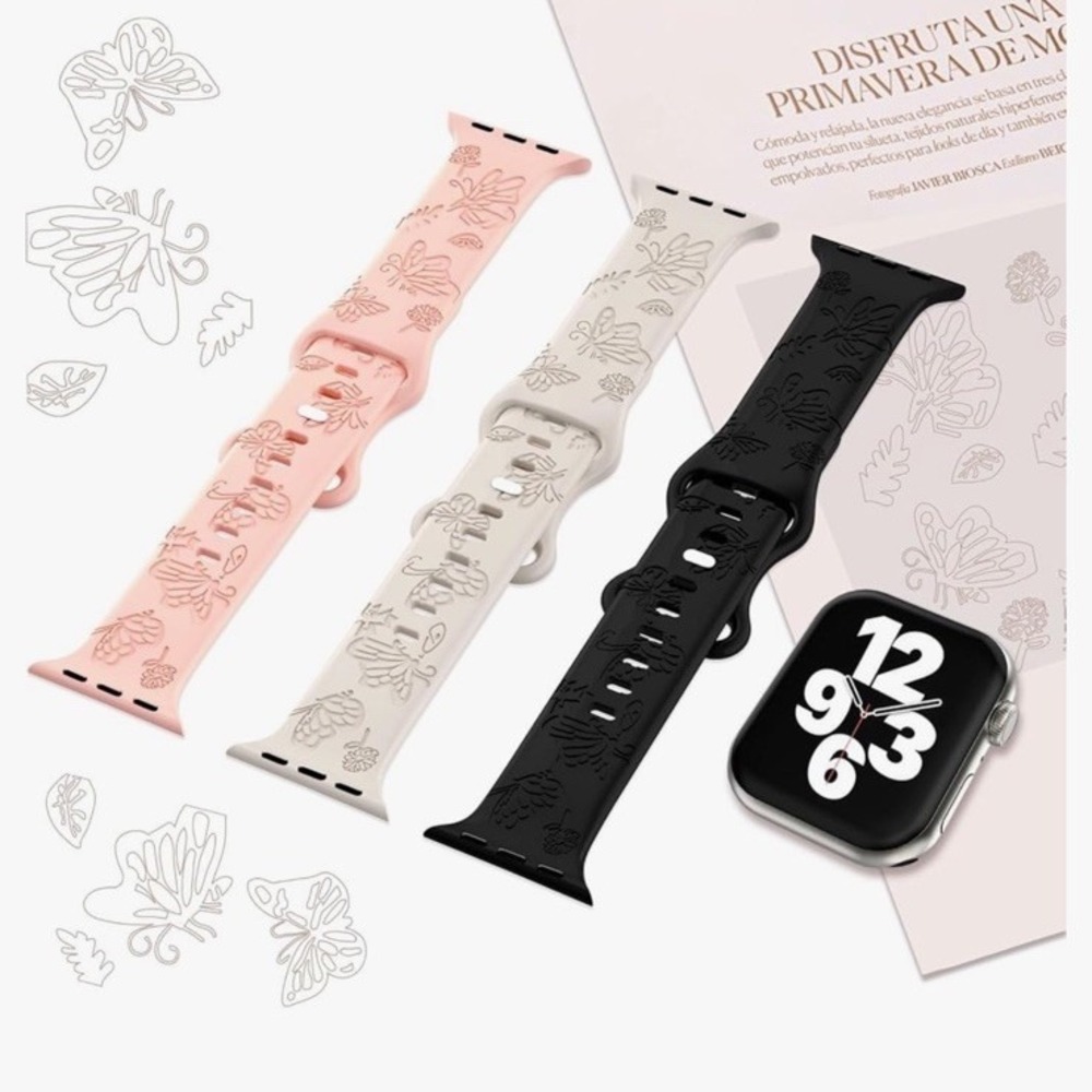 Apple Watch - 3 Pack - Black Pink Cream Bands Straps - Flowers - Butterfly - NEW
